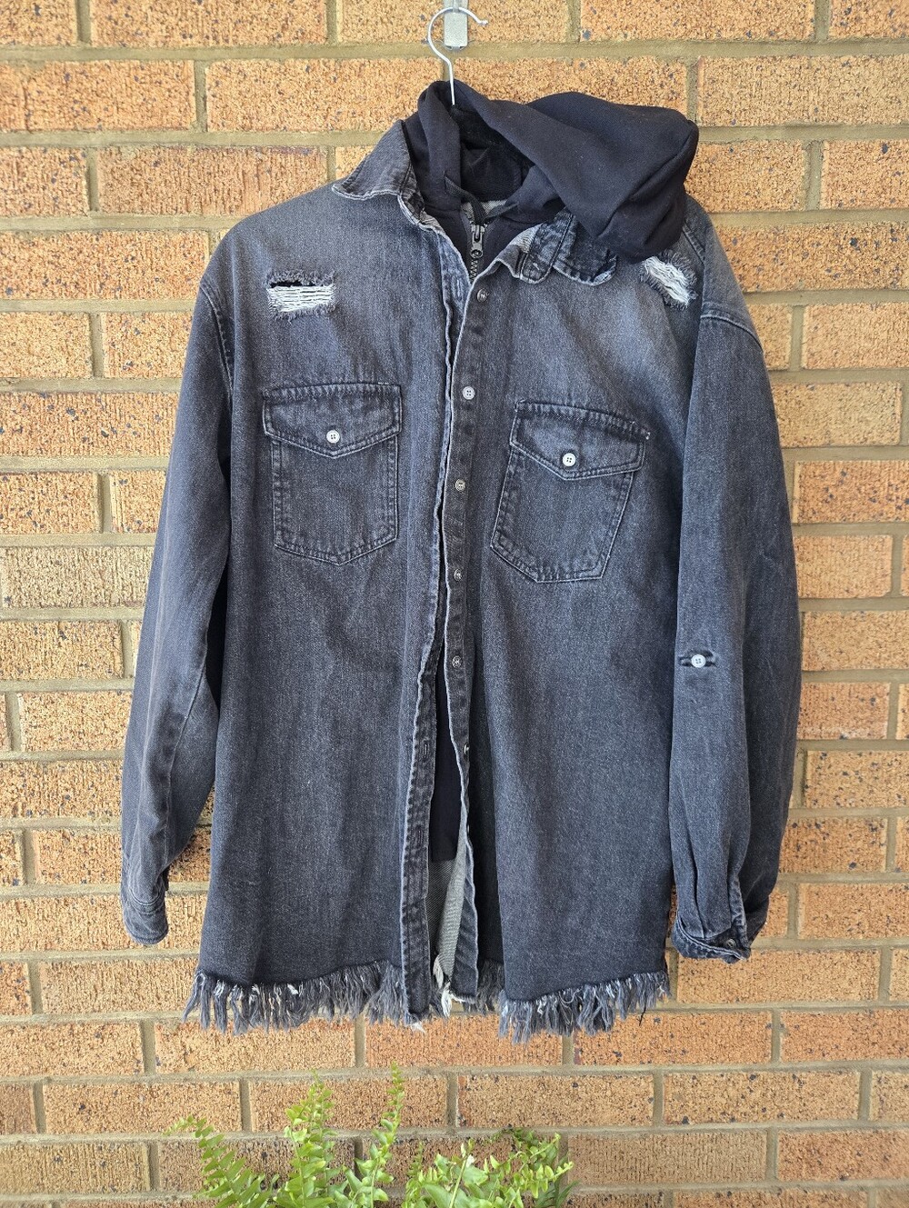 RISEN Black Distressed Hooded Denim Shacket Jacket Fringe Hem Medium